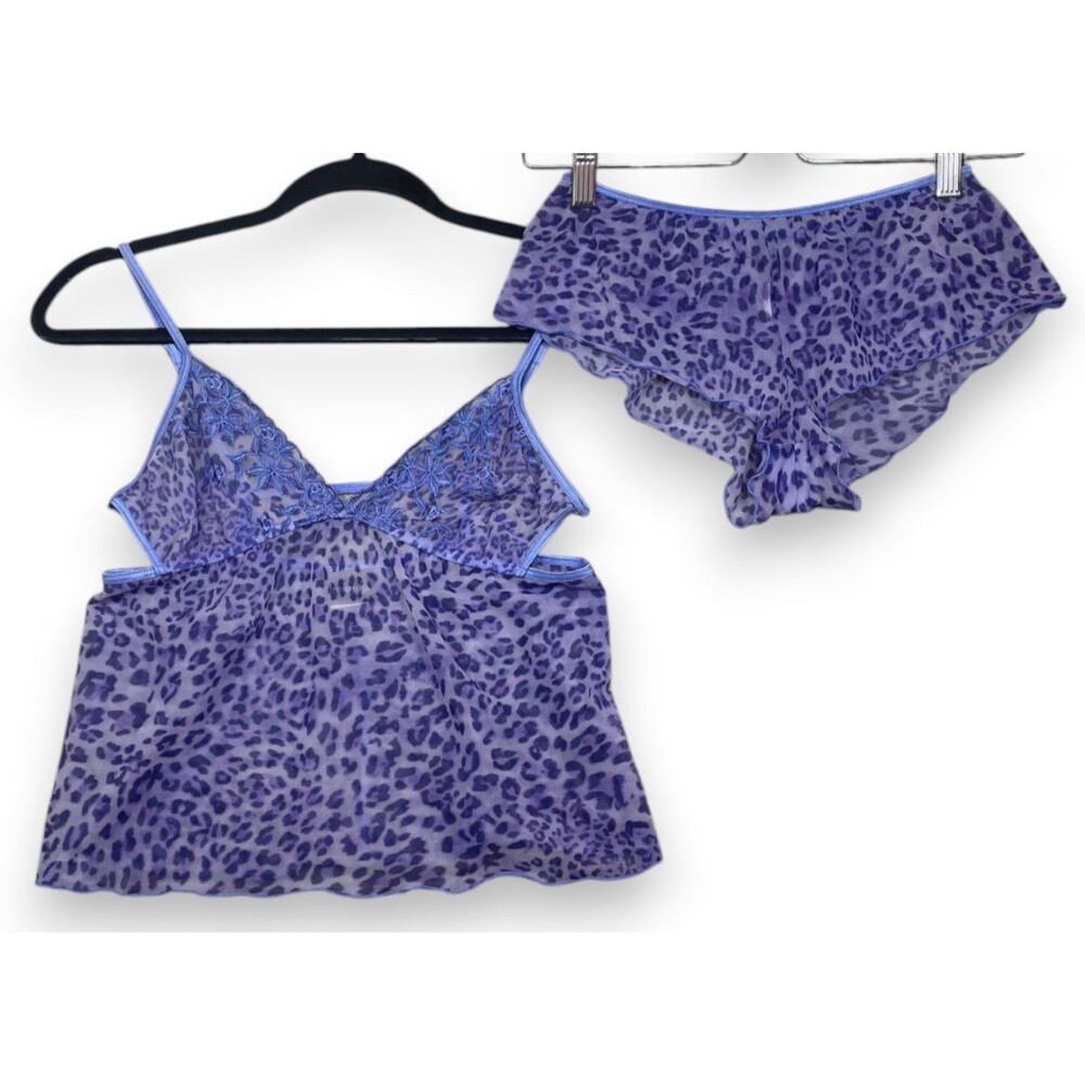 Vintage Fredericks of Hollywood Lingerie Set M Purple Leopard Cami Panty Y2K